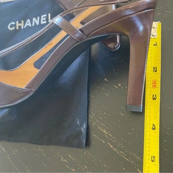 CHANEL Women's Dark Brown Leather Slingback Heels - Picture 3 of 5
